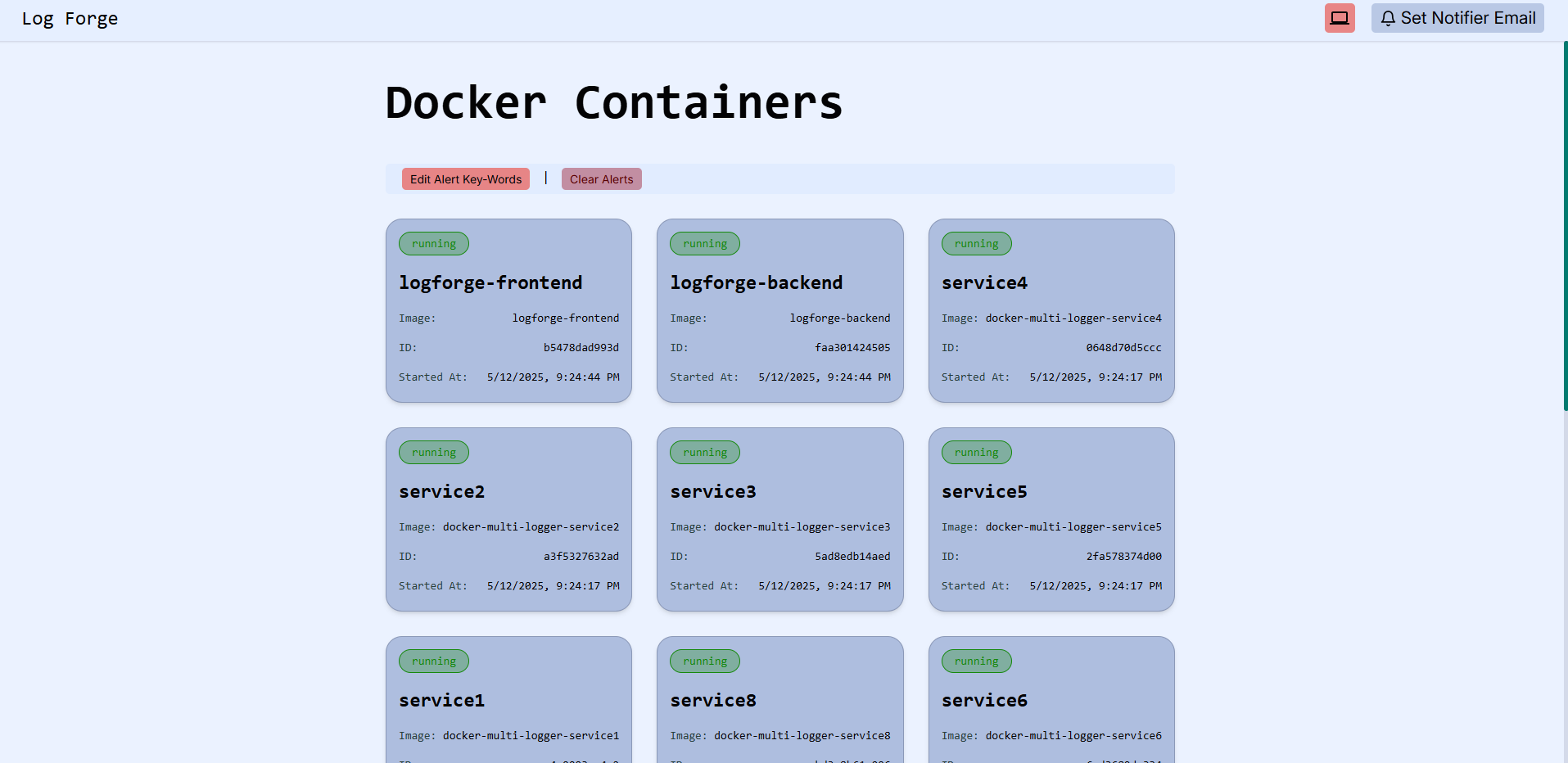 LogForge dashboard showing Docker monitoring views